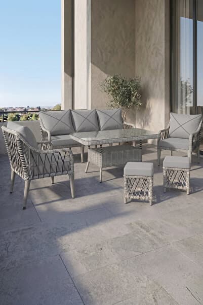 Canisa Tulipa Serisi 1.Sınıf 3+1+1+2 Puf GRİ Rattan, GRİ Minder Bahçe Balkon Oturma Koltuk Takımı