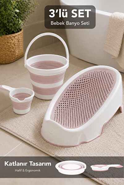 Meleni Baby 3'lü Soft Bebek Küveti Seti - Silikon Fileli Bebek Besleme Yıkama Banyo Küvet Su Kovası Koçero Pembe