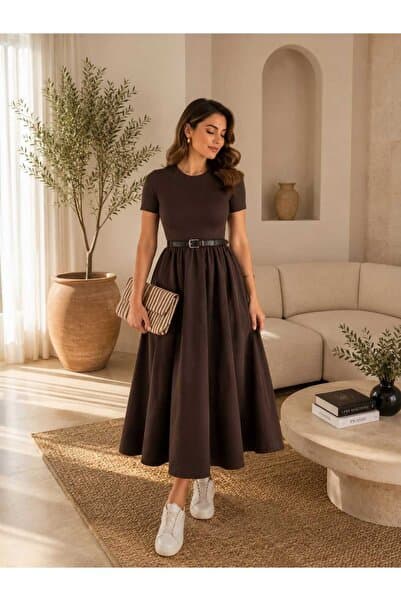 unika boutique Kadın Kemerli Poplin Midi Elbise