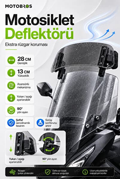 Motobros Motosiklet Ön Cam Deflektörü Füme Motosiklet Cam Üstü Deflektör Asansörlü Füme Rüzgar Kesici Yönlendirici 28cm