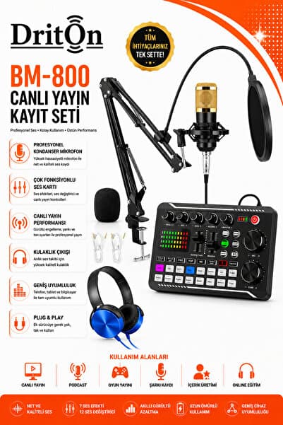 DRİTON BM-800 + F998 SARI PODCAST TİKTOK YOUTUBE YAYINCI CONDENSER MİKROFON VE SES KARTI