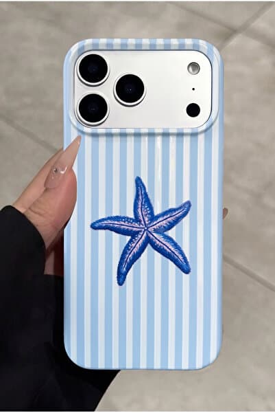 KVK PRİVACY iPhone 17 Pro Uyumlu Mavi Deniz Yıldızı Desenli Çizgili Kadifemsi Soft Touch Silikon Telefon Kılıfı