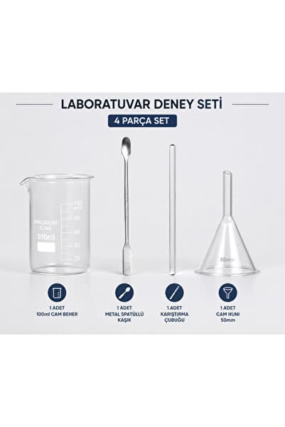ŞİŞEDÜKKANI 100 ml Borosilikat Cam Beher Laboratuvar Deney Seti - 50 mm Cam Huni, Cam Karıştırma Çubuğu, Metal Spatüllü Kaşık (4 Parça)