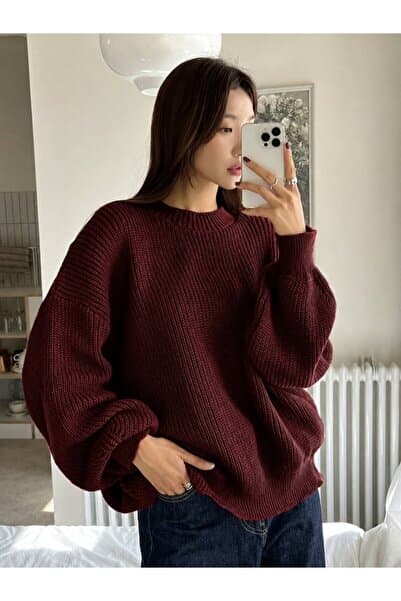 DepoExport Kadın Premium Bisiklet Yaka Oversize Triko Kazak Yumuşak Örme Kazak
