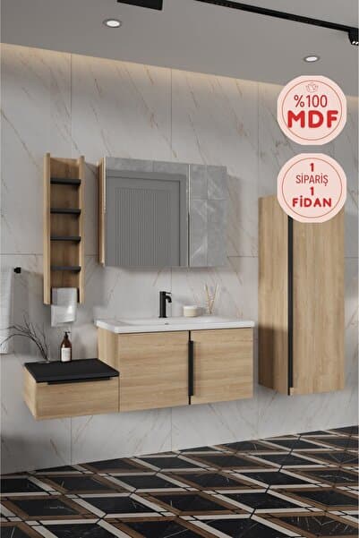BALNEOM Zakkum 100 Cm %100 Mdf Lavabolu Banyo Dolabı Dolaplı Aynalı Üst Dolap Boy Dolabı Havluluk
