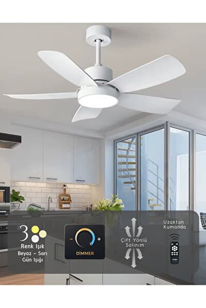 Hoogar German Beyaz 110 CM 5 Kanatlı Süper Sessiz 3 Renk Uzaktan Kumandalı Dimmerli Tavan Vantilatörü DC Motor