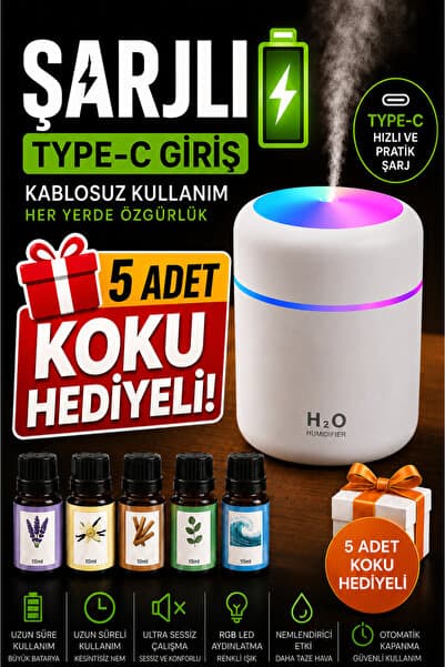 Genel Markalar Şarjlı +5 Adet Koku Hediyeli Ultrasonik Oda ve Araç Hava Nemlendirici Buhar Makinesi Ve Aroma Difüzörü Koku H2o