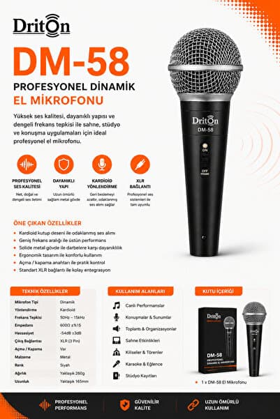 DRİTON DM-58 KABLOLU DİNAMİK EL MİKROFON