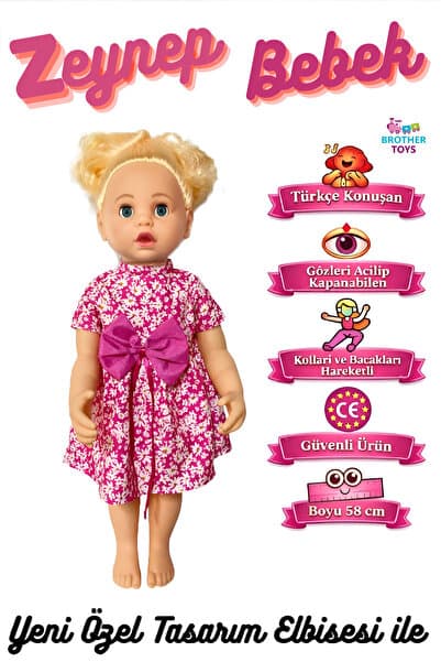 Brother Toys Büyük Boy Türkçe Konuşan Zeynep Bebek Et Bebek Gövde Ve Bacaklar Sert Plastik 60 Cm