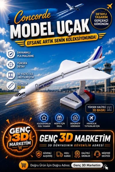Genç 3D Concorde Yolcu Uçağı Modeli | Koleksiyonluk Dekoratif Maket | 3D Tasarım