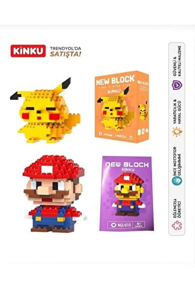 KİNKU Pokemn ve Mario Mini New block 3D Puzzle / Sevimli Figür / 2'Li Eğlenceli Set / Hobi+