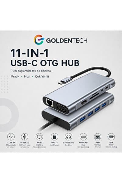 Golden Tech 11 In 1 Type-c To Usb Hub Port Uyumlu Adaptör Hdmı 4x Usb Lan Vga Sd Card Çevirici Çoklayıcı