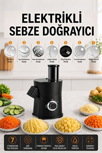 ROBO Elektrikli Sebze Meyve Doğrayıcı – 8 mm Küp Doğrama, 7 Kesim Aparatı, 65 mm Geniş Besleme Siyah