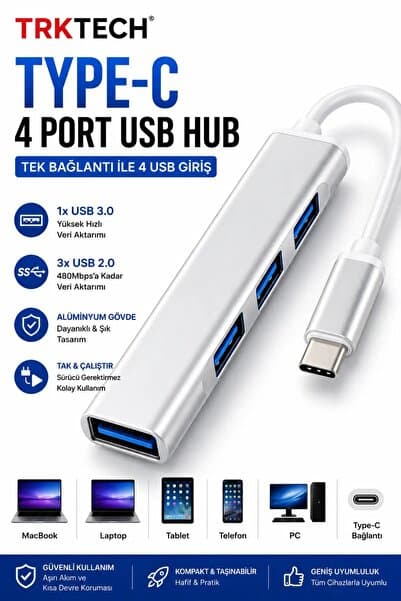 TrkTech Type-C USB Hub 4 Port USB Çoklayıcı USB 3.0 Hub Type-C to USB Çevirici Dönüştürücü MacBook Laptop Tablet PC Uyumlu Alüminyum Adaptör