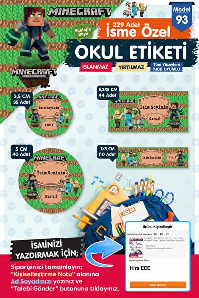 t tuğset etiket Okul Etiketi MineCraftKalem Defter Etiketi Özel İsim Yazılabilen Etiket Seti - İsim Etiketi-T577-OE9