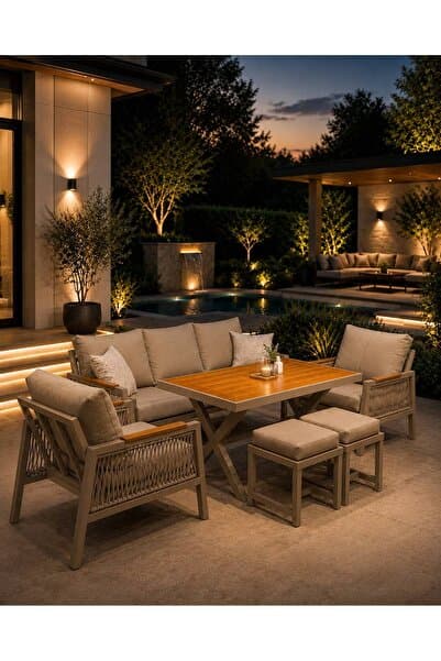 Rovena GARDEN Balkon Takımı, Cappuccino Bahçe Takımı 5+1 (Masa 70x110 3lü Koltuk 70x180 Tekli Koltuk 70x70 2 Adet puf )