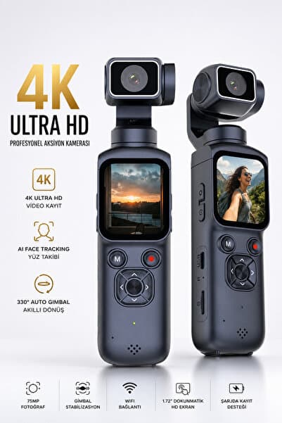 ROBEVE 4K Ultra HD Gimbal Aksiyon Kamerası AI Yüz Takipli WiFi Bağlantılı 330° Otomatik Stabilizasyonlu Taşınabilir Vlog ve İçerik Üretici Kamerası 75MP Fotoğraf Destekli Profesyonel Cep Kamerası