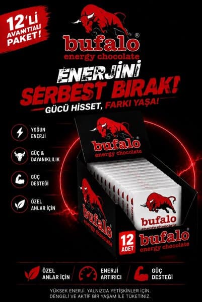 Buffalo Yoğun Kakaolu Enerji Çikolatası 12 Adet x 25 g Ekonomik Paket siyah