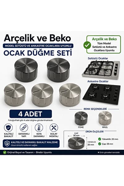 Beko Standart ocak düğmesi 4 adet Nikel (inox) renk