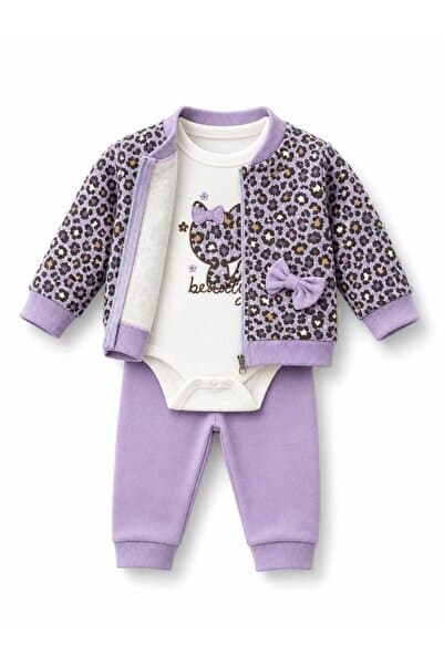 Lika&Nika Kız Bebek Alt Üst Takım Fermuarı Hırka Pamuklu Çıtçıtlı Zıbın Eşofman Altı 3'lü Mevsimlik