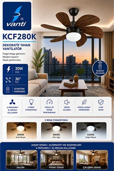 aldımgeldım Vanti Kcf280K 6 Kanatlı Ahşap Desenli Uzaktan Kumandalı Avizeli Dekoratif Tavan Vantilatörü