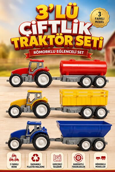 viyol marketim 3’lü Oyuncak Traktör Seti – Römorklu Çiftlik Araçları Farm Series İş Makinesi