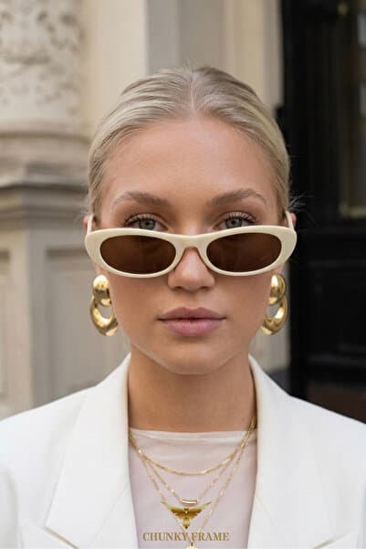 Chunky Frame Laurent Slim Tasarım Ince Krem Çerçeve Güneş Gözlüğü