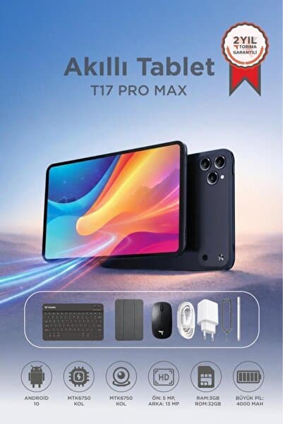 Torima Android Tablet Kalem Klavye Mouse Full Set SIM Kartlı BTK Kayıtlı 10.1 İnç T17 Pro Max Koyu Mavi