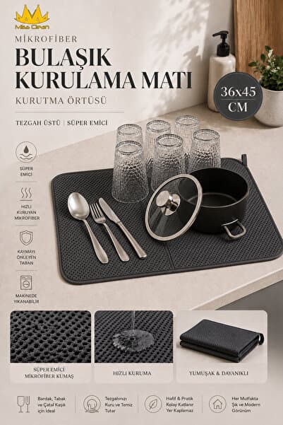Gri Renk Mikrofiber Bulaşık Kurulama Matı Kurutma Örtüsü Tezgah Üstü Süper Emici 36*45 Cm