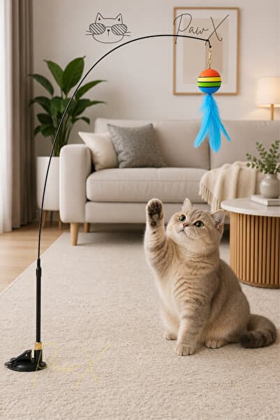 PawX Eğlenceli Vakumlu Kedi Oltası Oyuncağı 90cm Vantuzlu Güçlü Sabit Tabanlı Esnek Çubuklu Tüylü Top