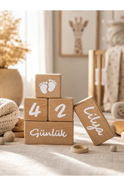 ENCİVA Isimli Bebek Anne Anı Küpleri Dekor Türkçe 5’li Set Isimli Ahşap Anı Küpü