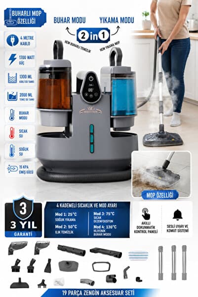 mogo tech MG-201 Premium - Sesli Komutlu Buharlı Temizlik Makinesi Mop Başlıklı Halı & Koltuk Yıkama Makinesi