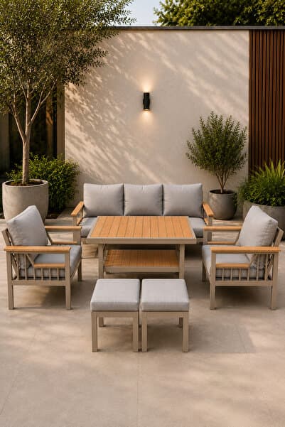 Rovena SLEEP Balkon Takımı Cappuccino İskelet GRİ Kumaş Bahçe Takımı 5+1 (Masa 70x110 3lü Koltuk 70x180 Tekli k 70x70)Koltuk