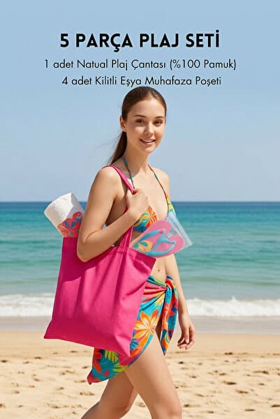 Bimotif 5 parça Plaj Seti, Fuşya Plaj Çantası (36x39 cm, %100 Pamuk) ve 4 adet Kilitli Muhafaza Poşeti