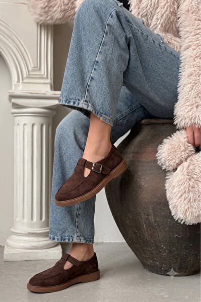 Pazzyonez Kadın Kahve Süet Loafer Ayakkabı Makosen Rahat Günlük Ofis Casual Saraç Detay Tokalı
