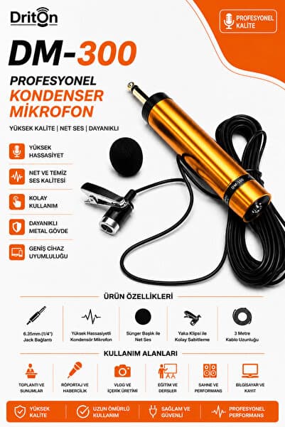 DRİTON DM-300 PROFESYONEL ULTRA HASSAS KABLOLU KONDENSER CAMİ YAKA MİKROFON