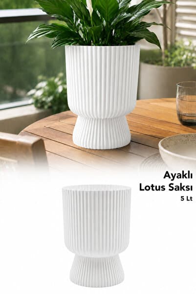 Meleni Home Ayaklı Lotus Model Saksı - Dekoratif İç ve Dış Mekan Kullanım Plastik Çiçek Saksısı 5Lt Beyaz