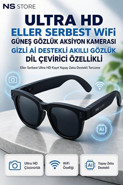 NS Store Ultra HD Eller Serbest Akıllı Güneş Gözlüğü Wifi Aksiyon Kamerası Fotoğraf Çekimli Su Geçirmez