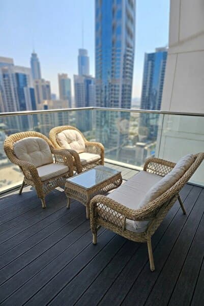 huteras Bahçe Oturma Grubu Rattan 4 Parça Bej Savannah Çelik İskelet Minderli Sehpalı Balkon Teras Takımı