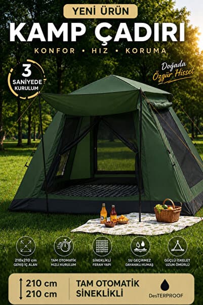 MO DOU Tam Otomatik Kamp Çadırı 210x210 cm 3 Saniyede Kurulum Su Geçirmez Sineklikli Çadırı Outdoor Kamp