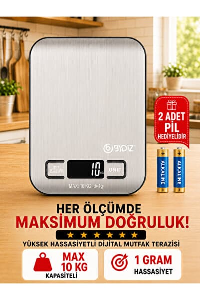 bydiz Dijital Mutfak Terazisi 10 Kg 1 Gr Hassas Mutfak Tartısı Paslanmaz Çelik Yüzey + Pil Hediyeli BY-005