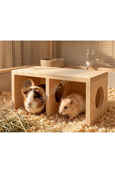 bulancak mobilya Hamster ve Guinea Pig Saklanma Evi - Ladin Ahşap Keten Yağlı Doğal ve Zımparalanmış 2 Odalı Tünel