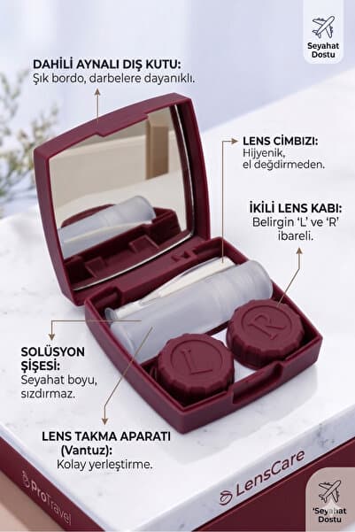 Singularis Bordo Aynalı Lens Kutusu 5 Parça Pratik Seyahat Seti