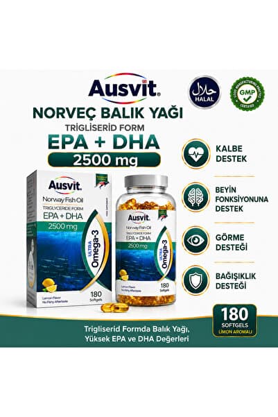 Ausvit Ultra Omega-3 Norveç Balık Yağı Softgel | EPA ve DHA İçeren Takviye Edici Gıda 180 Kapsül