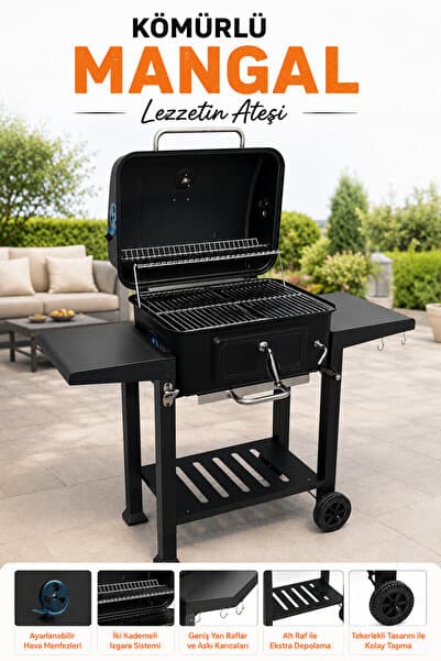 SOMINECO Tekerlekli Kömürlü BBQ Dökme Demir Kömürlü Mangal Fırınlı Büyük Barbekü Izgara 01022