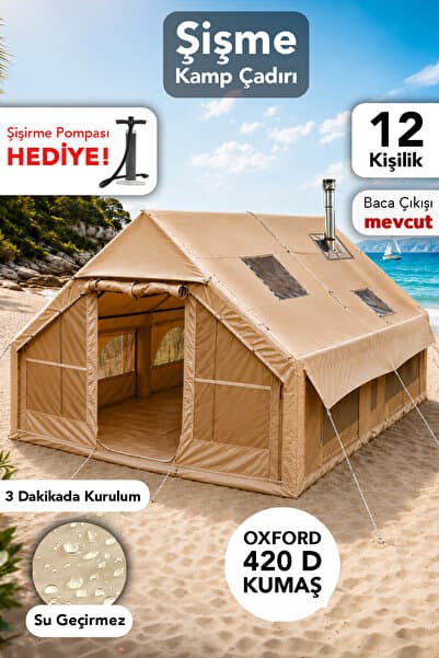 fischerone 12 Kişilik Şişme Çadır - Su Geçirmez Kolay Kurulum Kamp Plaj Outdoor Çadır Şişirme Pompası Hediye
