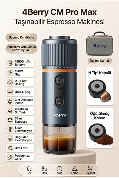 4 Berry CM Pro Max Çantalı Taşınabilir Şarjlı Espresso Makinesi - Kapsül Ve Toz Kahve Uyumlu - Su Isıtma Özellikli