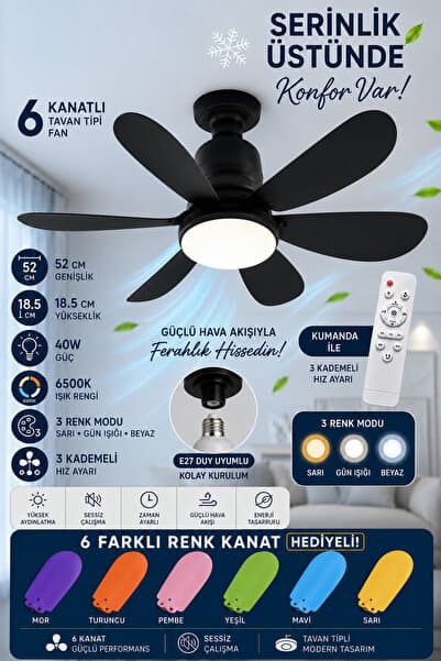 hauswert 6 Kanatlı Tavan Vantilatörü Fan Işıklı 3 Renk Modu Uzaktan Kumandalı 6 Adet Renkli Kanat Hediyeli Tavan Tipi Vantilatör