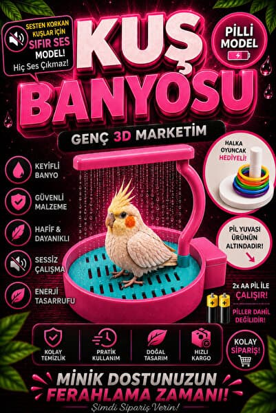 Genç 3D Kablosuz Pilli Kuş Banyosu | Otomatik Kuş Duşu | Muhabbet Kuşu, Sultan Papağanı İçin | Halka Oyuncak Hediyeli