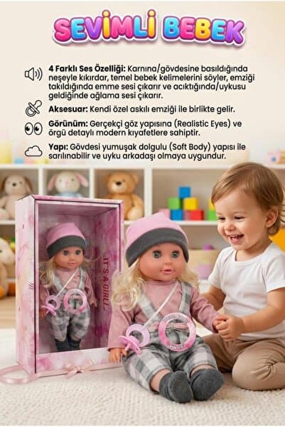 Tıfıl Toys Sevimli Bebeğim! 4 Farklı Sesli İnteraktif Ağlıyan 34cm Emzikli Kıyafetli Oyuncak Bebek